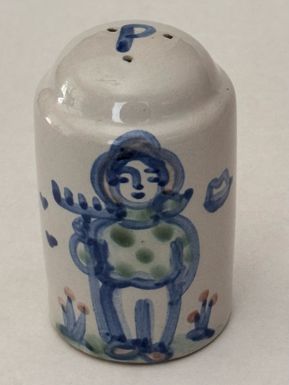 Vintage MA Hadley Pottery Pepper Shaker Country Scene Blue Pattern Farmer Motif